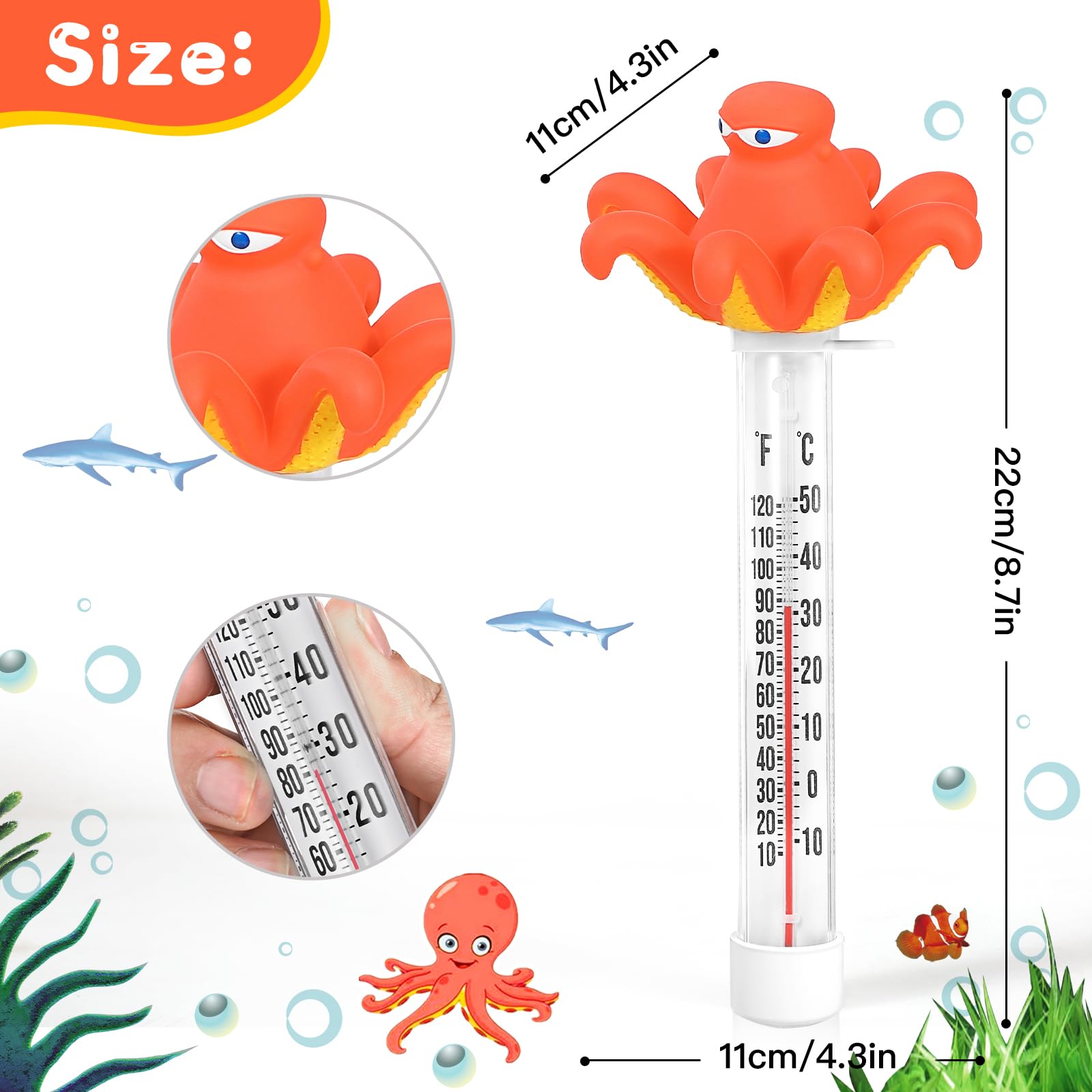 Floating Pool Thermometer, Large Display with String Easy to Read, Shatter Resistant, for Outdoor & Indoor Swimming Pools, Spas, Hot Tubs & Aquariums (Octopus)