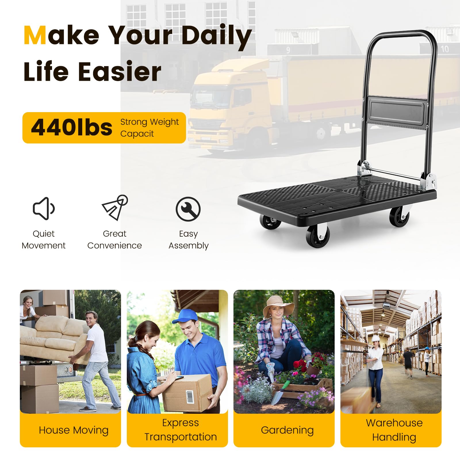 S AFSTAR Folding Platform Truck, Push Cart Dolly with 360° Swivel Wheels & 440lb Weight Capacity, Moving Hand Truck, Foldable Flatbed Cart, Push Cart Dolly for Loading and Easy Storage (28" x 19")