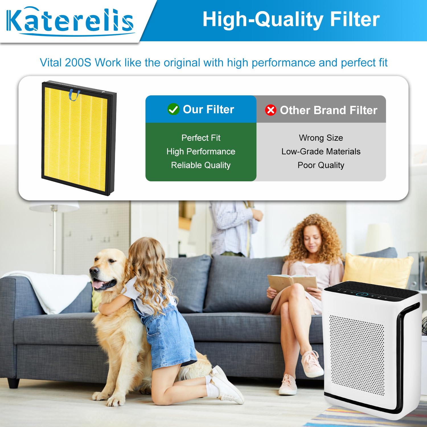 Katerelis Vital 200S Pet Allergy Air Purifier Replacement, with 1 Cleaning Brush, Compatible with LEVOIT Air Purifier Vital 200S, Vital 200S-RF-PA, 3-in-1 Filter, Part No. LRF-V201-YUS (2 PACK)