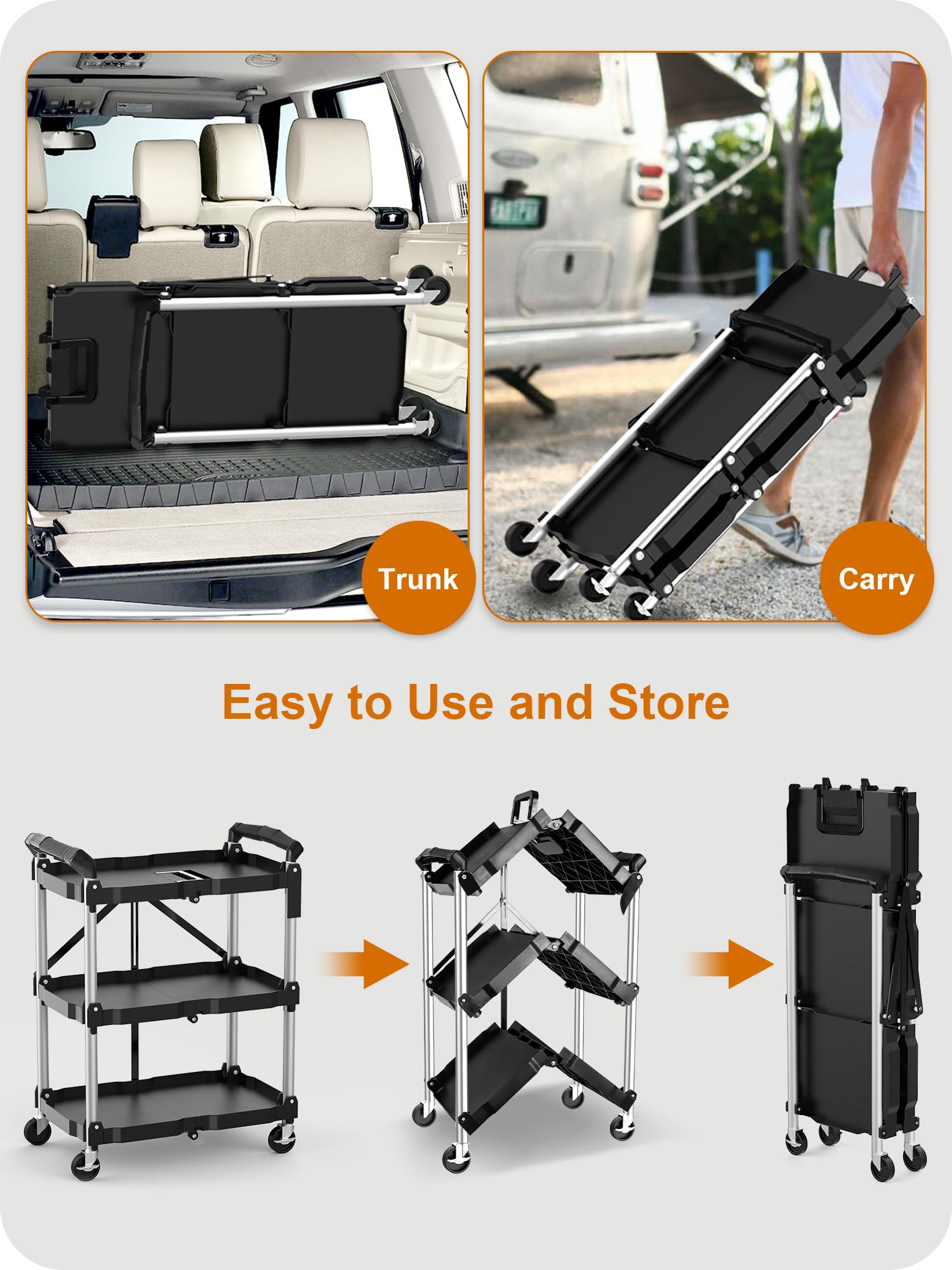 HIMIX Foldable Utility Carts with Wheels, 3-Tier Holds 240lbs Folding Rolling Cart with Fixed Rope, Collapsible Service Cart for Home, Office, Garage, and Warehouse - No Assembly Required