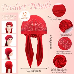 Jiuguva 12 Packs Rhinestone Head Scarf Women Stretchy Head Wrap Bandana Beanie Pre Tied Durag Turban Cap Skull Cap Headbands