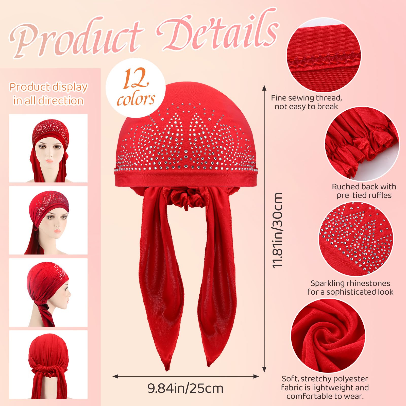 Jiuguva 12 Packs Rhinestone Head Scarf Women Stretchy Head Wrap Bandana Beanie Pre Tied Durag Turban Cap Skull Cap Headbands