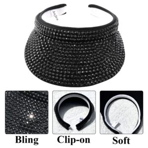 Women Sun Visor Hat Bling Crystals Summer Cap Shiny Rhinestone Men Caps Adjustable Wide Brim Clip On Visors Fashion Party Outdoor Sport Hats Golf Beach Tennis (Black)