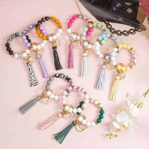 Manlosen Key Ring Bracelet Car Keychain Holder Wristlet Silicone Women Beaded Bangle Chains