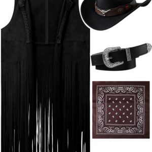 Hercicy Western Outfits for Women Cowgirl Tassel Sleeveless Vest Cowboy Hat Belt and Paisley Bandana for Halloween Dress Up (Black,XL)