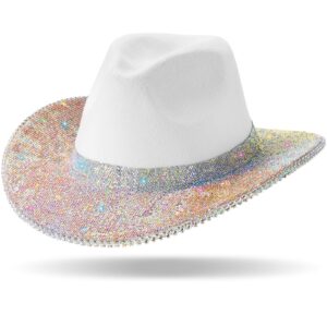 hercicy rhinestone cowgirl hat with diamond fringe bling cowgirl hat with western wide for cosplay wedding(white, ab color, classic)