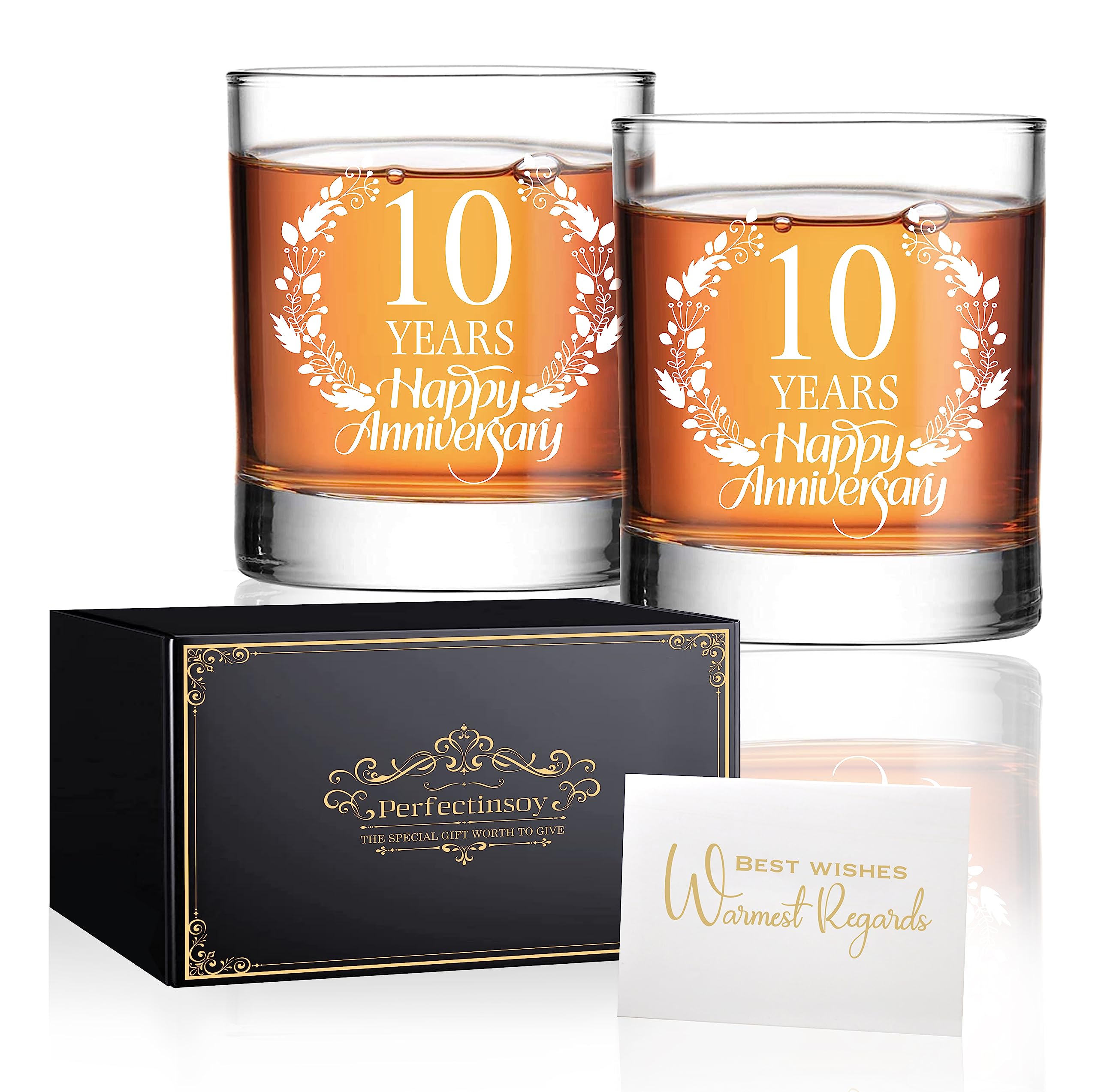 Perfectinsoy 10 Years Happy Anniversary Whiskey Glass Gift Set, 10th Anniversary Wedding Gift For Mom, Dad, Grandparents, Soulmate, Couple, 10 Years Gifts, Happy 10th Anniversary Birthday