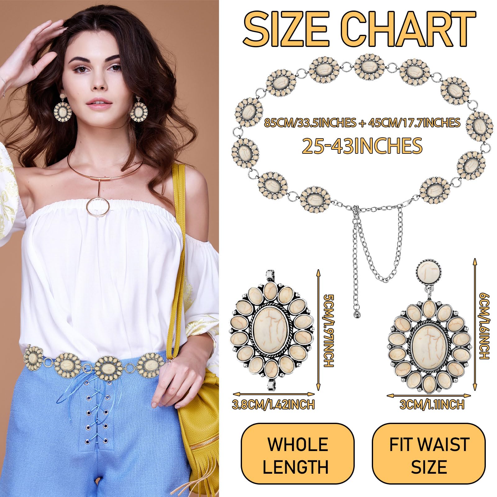 Sasylvia White Turquoise Concho Chain Belt Metal Western Waist Belts for Women Boho Belt Turquoise Drop Earrings (Classic Style)