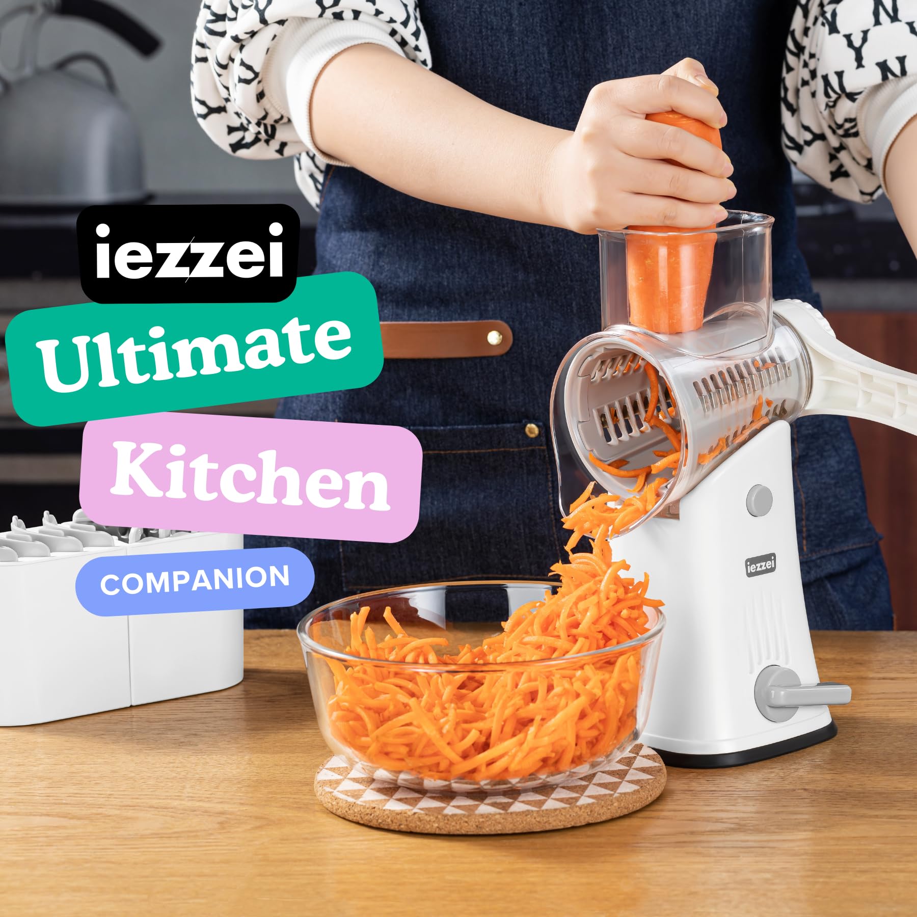 iezzei Rotary Cheese Grater Hand Crank Vegetable Shredder with 5 Stainless Steel Blades, Nut Grinder, Carrot Shredder, Fruit Slicer, Potato Crinkle Cutter, Secure & Large Suction Base with handle