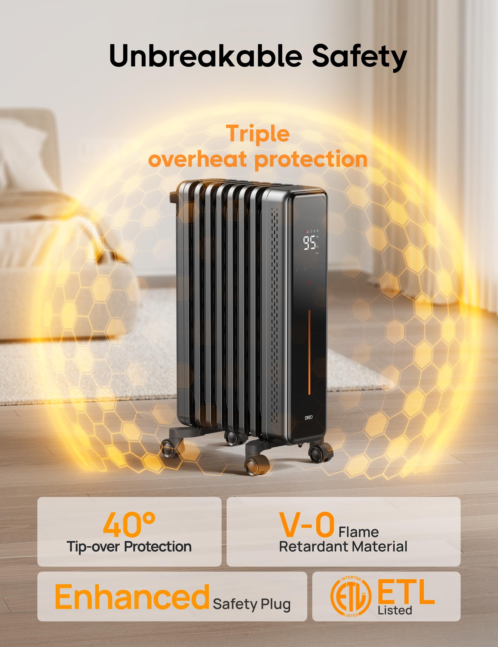 Dreo Radiator Heater, 1500W Portable Space Oil Filled with Remote Control, 4 Modes, Overheat & Tip-Over Protection, 24h Timer, Quiet, Large Space, Anti-scald Handle, Large Carpet Caster, Indoor