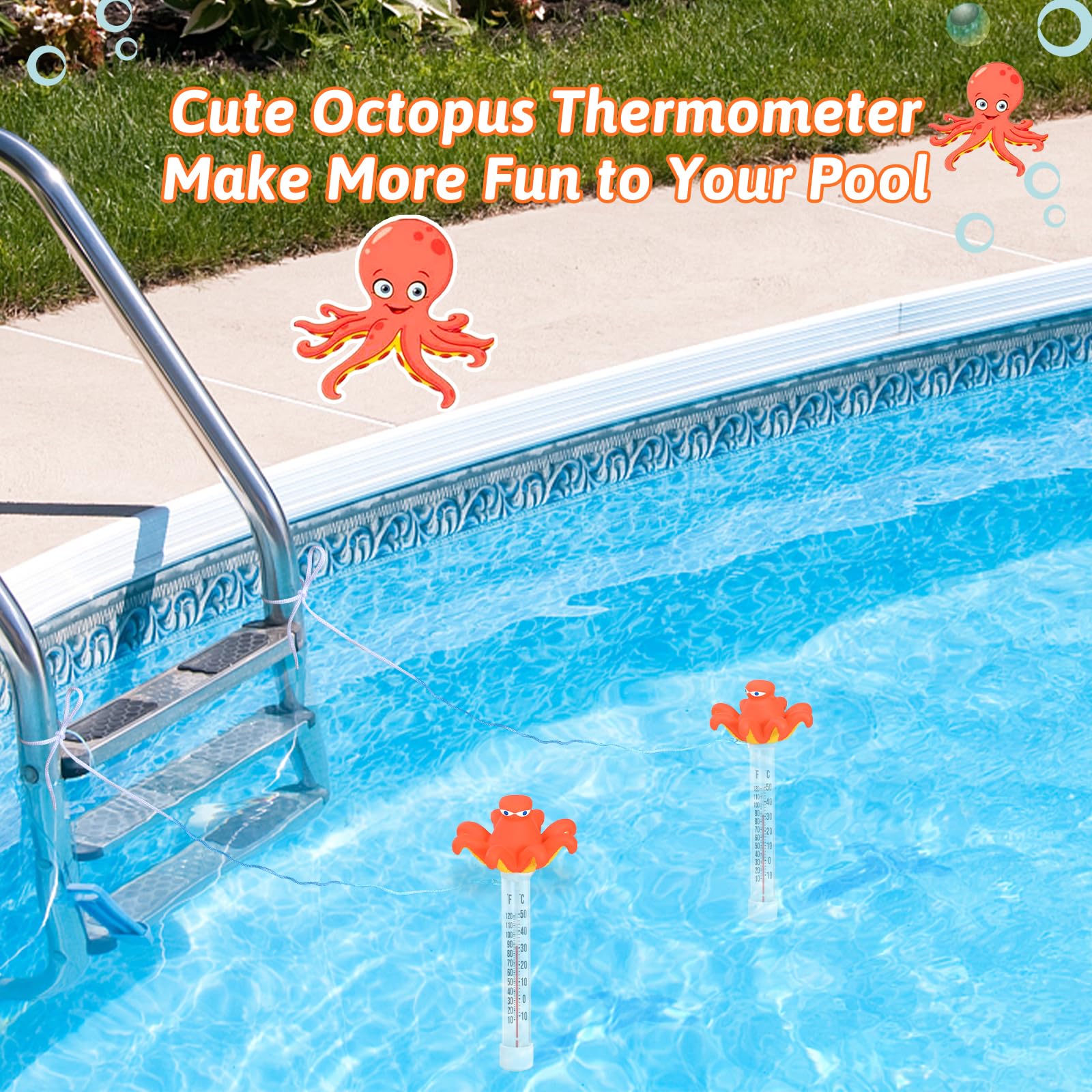 Floating Pool Thermometer, Large Display with String Easy to Read, Shatter Resistant, for Outdoor & Indoor Swimming Pools, Spas, Hot Tubs & Aquariums (Octopus)