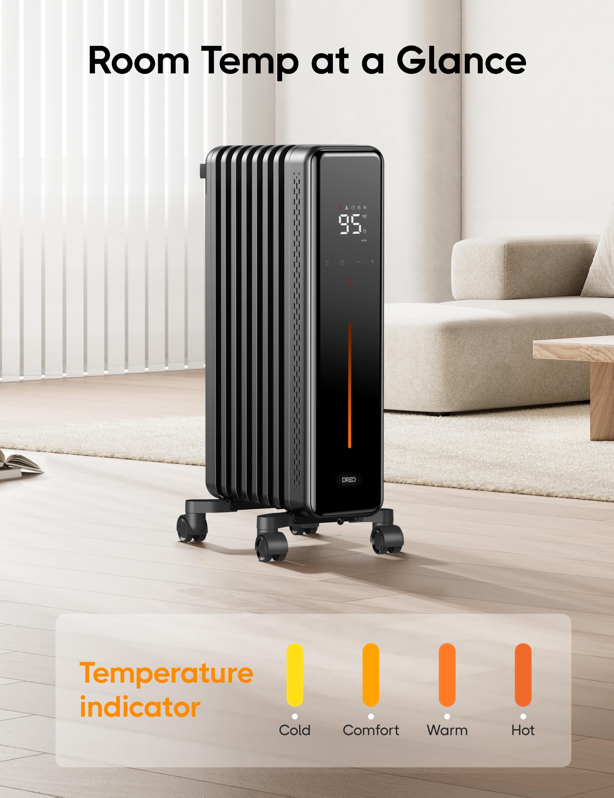 Dreo Radiator Heater, 1500W Portable Space Oil Filled with Remote Control, 4 Modes, Overheat & Tip-Over Protection, 24h Timer, Quiet, Large Space, Anti-scald Handle, Large Carpet Caster, Indoor