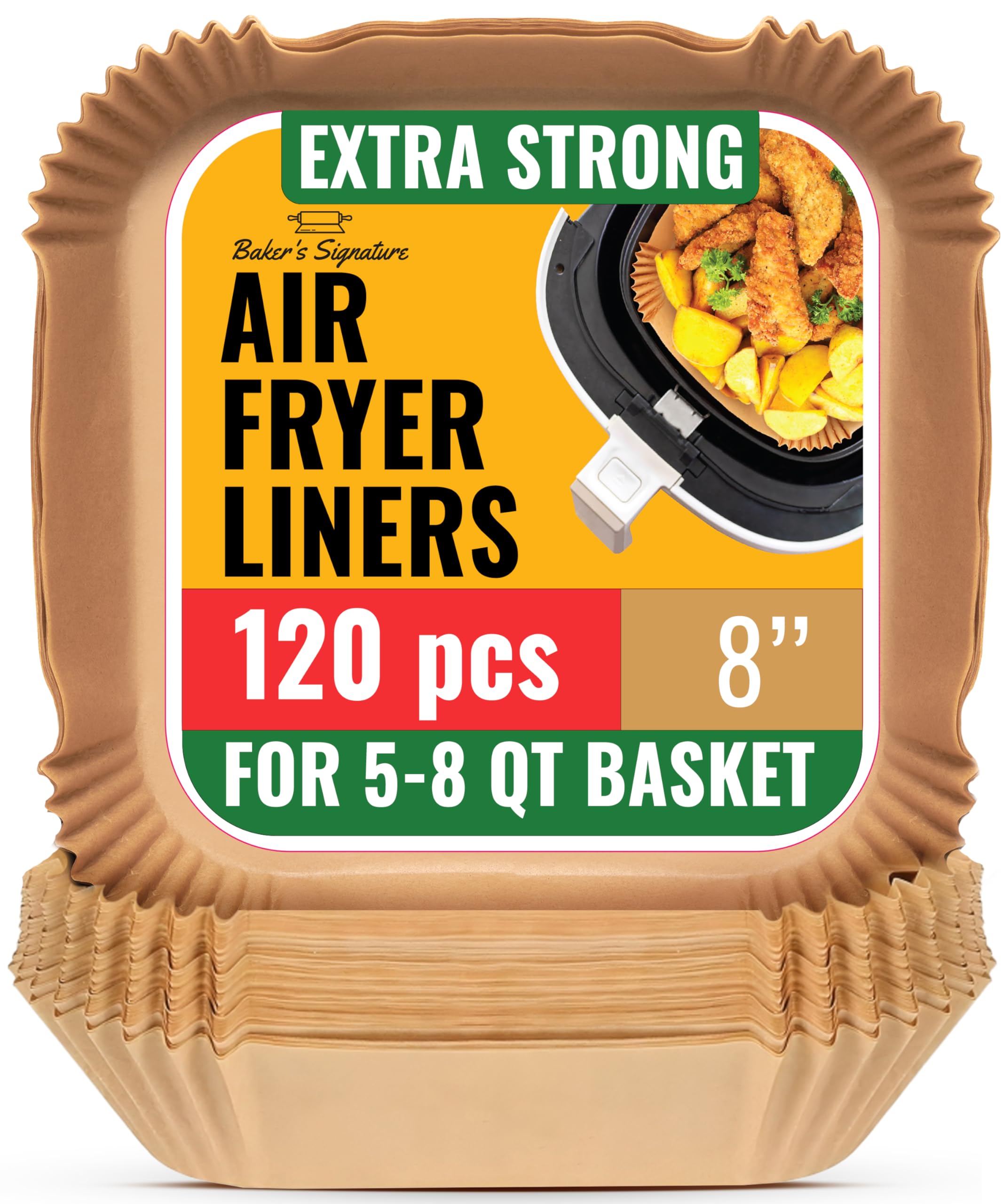 Air Fryer Paper Liners, 120Pcs Air Fryer Disposable Liners, Non-Stick and Oil Proof for Easy Cleanup, 8” Square for 5-8 qt Basket by Baker's Signature