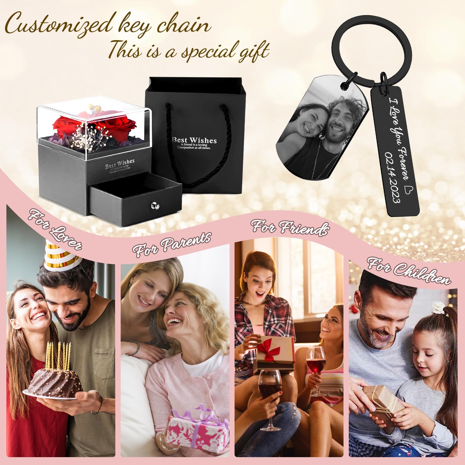 Cupike Personalized Picture Keychain - Customized Engraved Keychains with Photo Text, Personalized Gifts for Men Women Lovers (02-Black1)