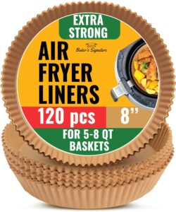 air fryer liners for ninja, 120 pcs round disposable airfryer paper liners – non-stick and oil proof for easy cleanup, great for oven, pans & baking – 8 inch for 5-8 qt basket by baker's signature