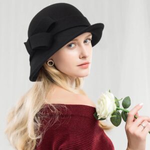 Womens Winter-Cloche-Hat 1920s Classic-Church-Dress Wool-Felt-Bucket-Hats with Flowers(M-L)