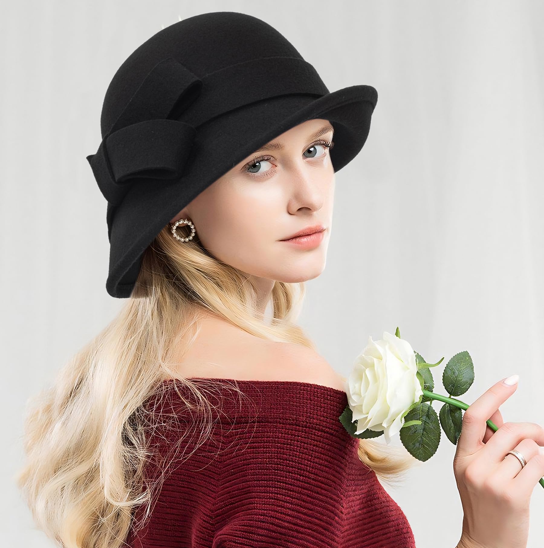 Womens Winter-Cloche-Hat 1920s Classic-Church-Dress Wool-Felt-Bucket-Hats with Flowers(M-L)