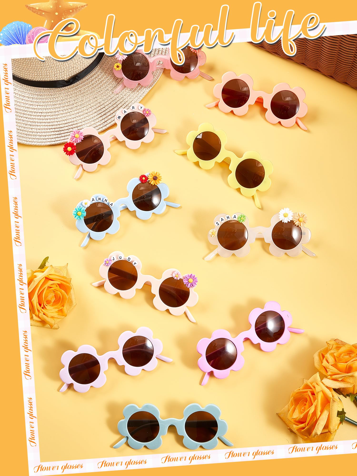 Tigeen 10 Pairs 5.71in Adult Flower Sunglasses Glasses UV Protection Glasses with 50 Daisy Charms 200 Random Letter Beads(Trendy Colors)