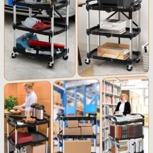 HIMIX Foldable Utility Carts with Wheels, 3-Tier Holds 240lbs Folding Rolling Cart with Fixed Rope, Collapsible Service Cart for Home, Office, Garage, and Warehouse - No Assembly Required