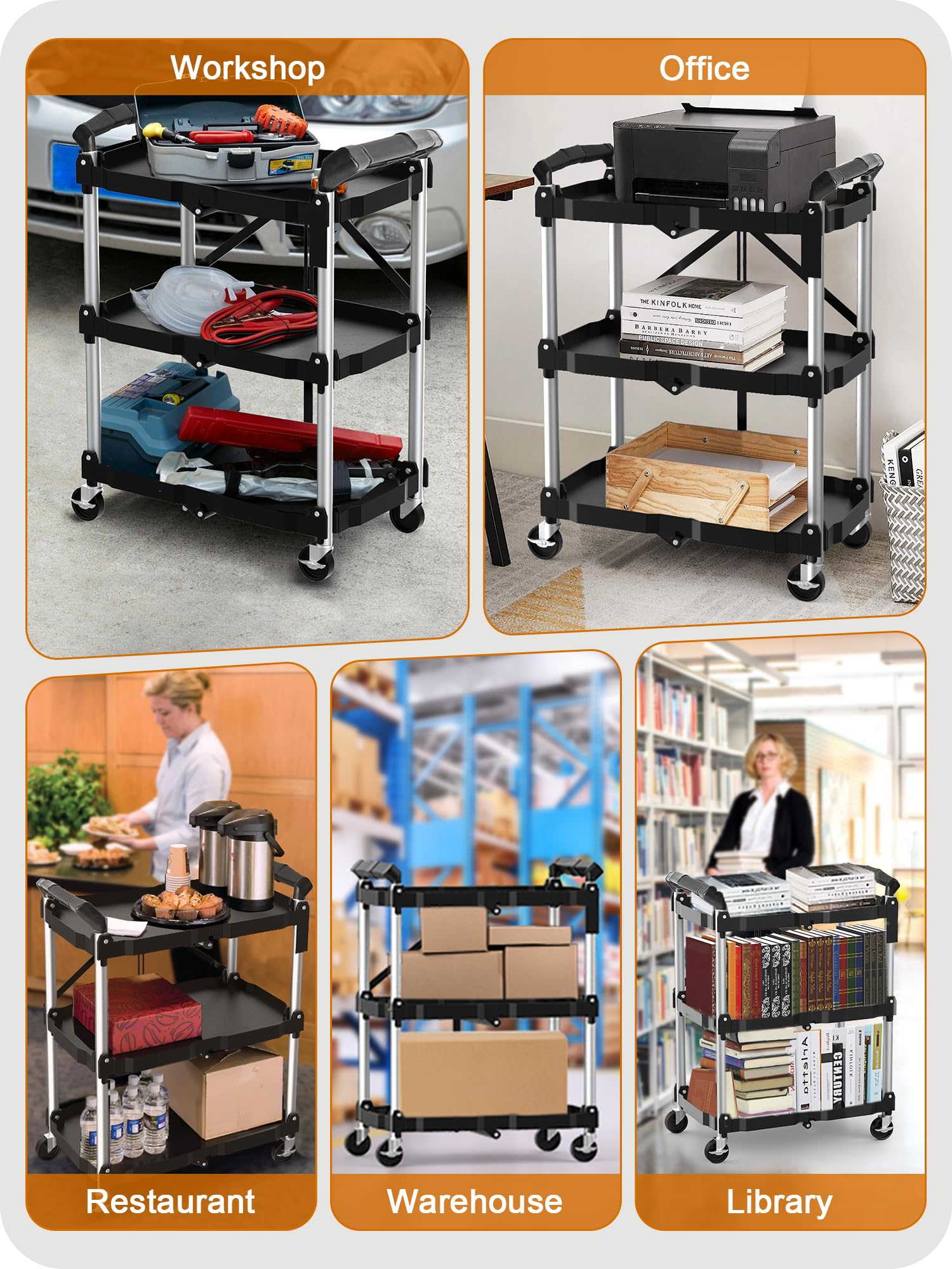 HIMIX Foldable Utility Carts with Wheels, 3-Tier Holds 240lbs Folding Rolling Cart with Fixed Rope, Collapsible Service Cart for Home, Office, Garage, and Warehouse - No Assembly Required