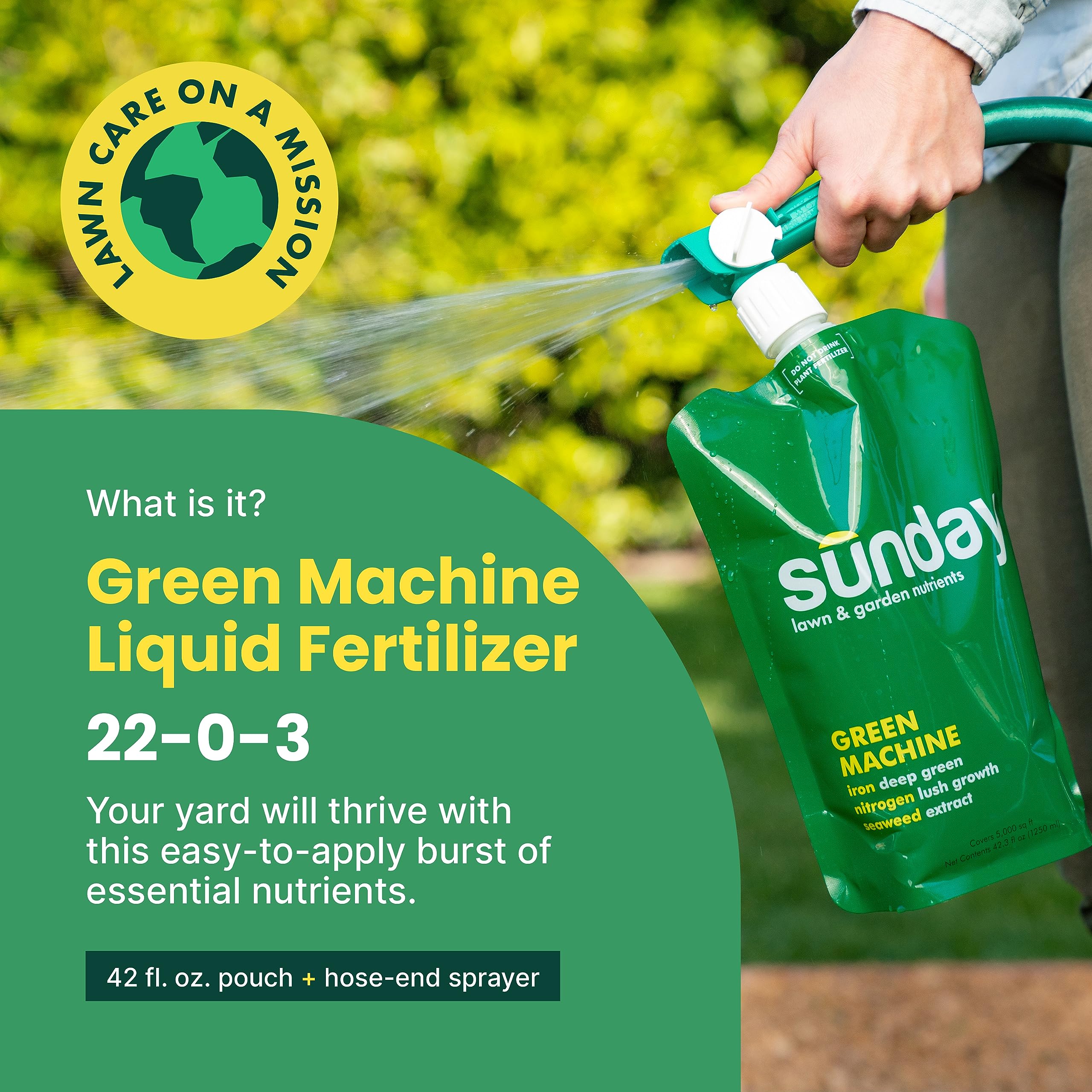 Sunday Green Machine Fertilizer, 42.3oz, 2 Pack - Lawn Fertilizer for Lush Growth - Includes Universal Sprayer Attachment - Covers Up to 10,000 Sq Ft - Easy Application in 15 Minutes or Less