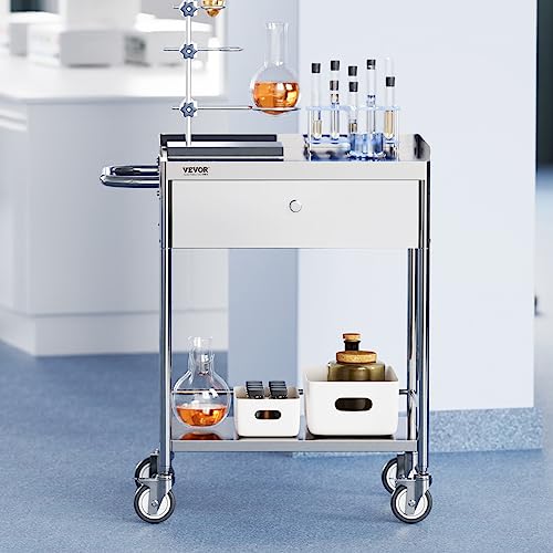 VEVOR Medical Trolley, Dual-Tier Stainless Steel Trolley with a 220 lbs Load Limit, Equipped with Quiet 360° Casters and a Drawer, Ideal for Laboratories, Clinics, Kitchens, and Salons\