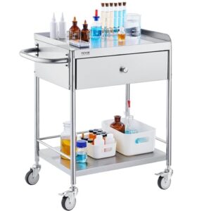 VEVOR Medical Trolley, Dual-Tier Stainless Steel Trolley with a 220 lbs Load Limit, Equipped with Quiet 360° Casters and a Drawer, Ideal for Laboratories, Clinics, Kitchens, and Salons\