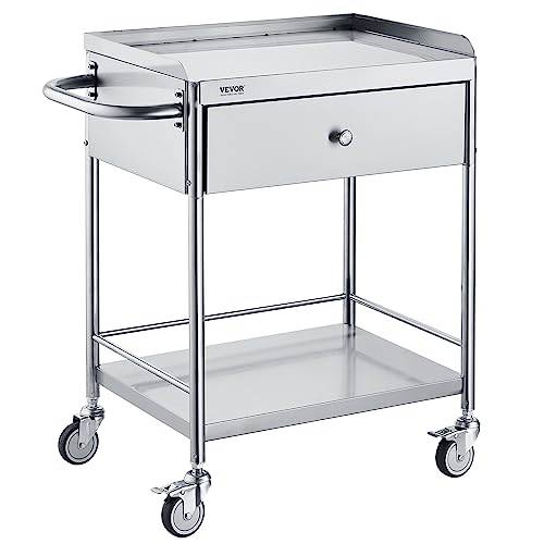 VEVOR Medical Trolley, Dual-Tier Stainless Steel Trolley with a 220 lbs Load Limit, Equipped with Quiet 360° Casters and a Drawer, Ideal for Laboratories, Clinics, Kitchens, and Salons\