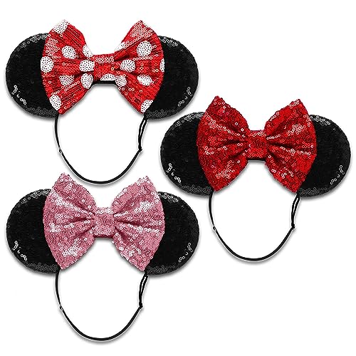 SAMARKAND Shiny Sequin Minnie Bow Headbands - Elastic, Adjustable, and Headache-Free - Glitter Mouse Ears for Girls and Women (Classic)