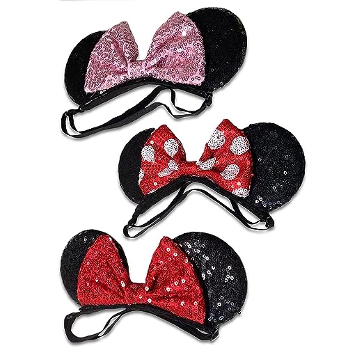 SAMARKAND Shiny Sequin Minnie Bow Headbands - Elastic, Adjustable, and Headache-Free - Glitter Mouse Ears for Girls and Women (Classic)