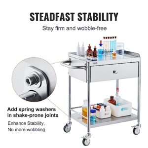 VEVOR Medical Trolley, Dual-Tier Stainless Steel Trolley with a 220 lbs Load Limit, Equipped with Quiet 360° Casters and a Drawer, Ideal for Laboratories, Clinics, Kitchens, and Salons\