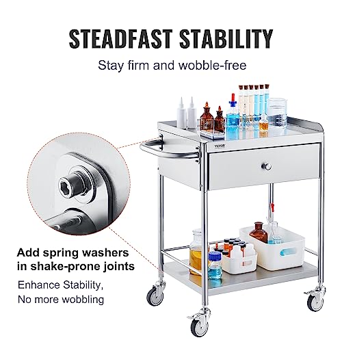 VEVOR Medical Trolley, Dual-Tier Stainless Steel Trolley with a 220 lbs Load Limit, Equipped with Quiet 360° Casters and a Drawer, Ideal for Laboratories, Clinics, Kitchens, and Salons\