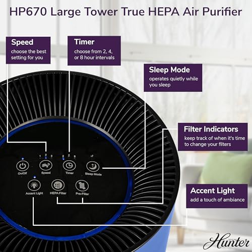 Hunter Fan Company HP670 True HEPA Air Purifier for Allergies, Removes Dust, Smoke, Mold, and Pollen, Covers up to 195 Sq. Ft., Digital Tall Tower, White