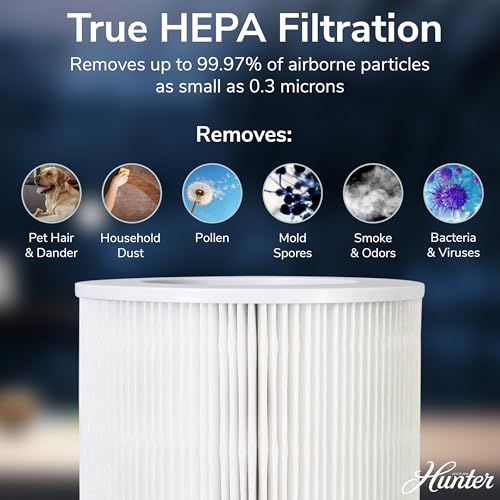 Hunter Fan Company HP670 True HEPA Air Purifier for Allergies, Removes Dust, Smoke, Mold, and Pollen, Covers up to 195 Sq. Ft., Digital Tall Tower, White