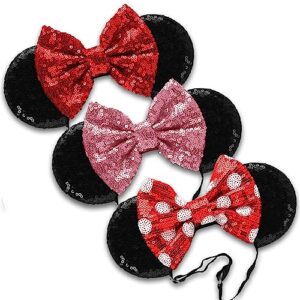 SAMARKAND Shiny Sequin Minnie Bow Headbands - Elastic, Adjustable, and Headache-Free - Glitter Mouse Ears for Girls and Women (Classic)