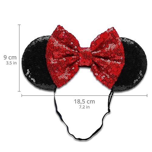 SAMARKAND Shiny Sequin Minnie Bow Headbands - Elastic, Adjustable, and Headache-Free - Glitter Mouse Ears for Girls and Women (Classic)