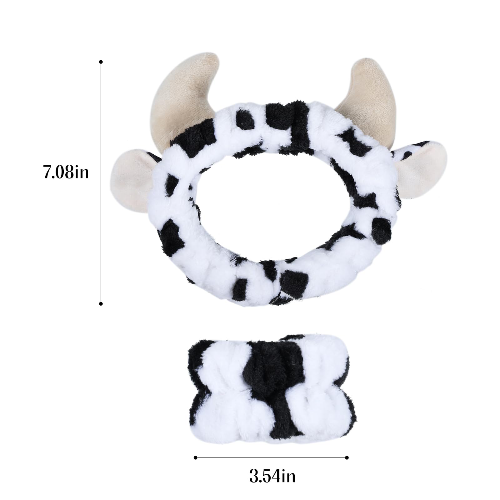 Miroksh Plush Wash Face Headband Cow Print Spa Wrist Band Cuffs Hair Scrunchy Women Girls Facial Makeup Skincare Bath Head Wrap Kids Costume Party Supply Birthday Gift