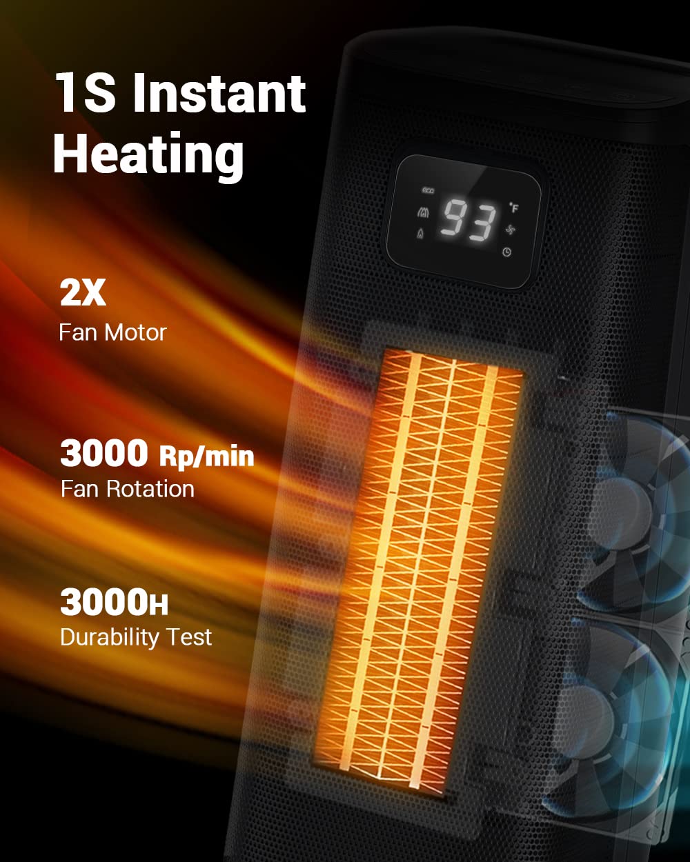 KopBeau Space Heater for Indoor Use, 1500W Electric Portable Tower w/Thermostat & Timer, Oscillating Ceramic Room Heater with 4 Modes, LED Display, Safe for Office, Home, Bedroom,