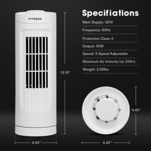 VIVOSUN 13'' Tower Fan, Bladeless Desk Fan with 3 Speeds and 70° Oscillation, Portable and Compact, Quiet Cooling Fan for Home and Office, White