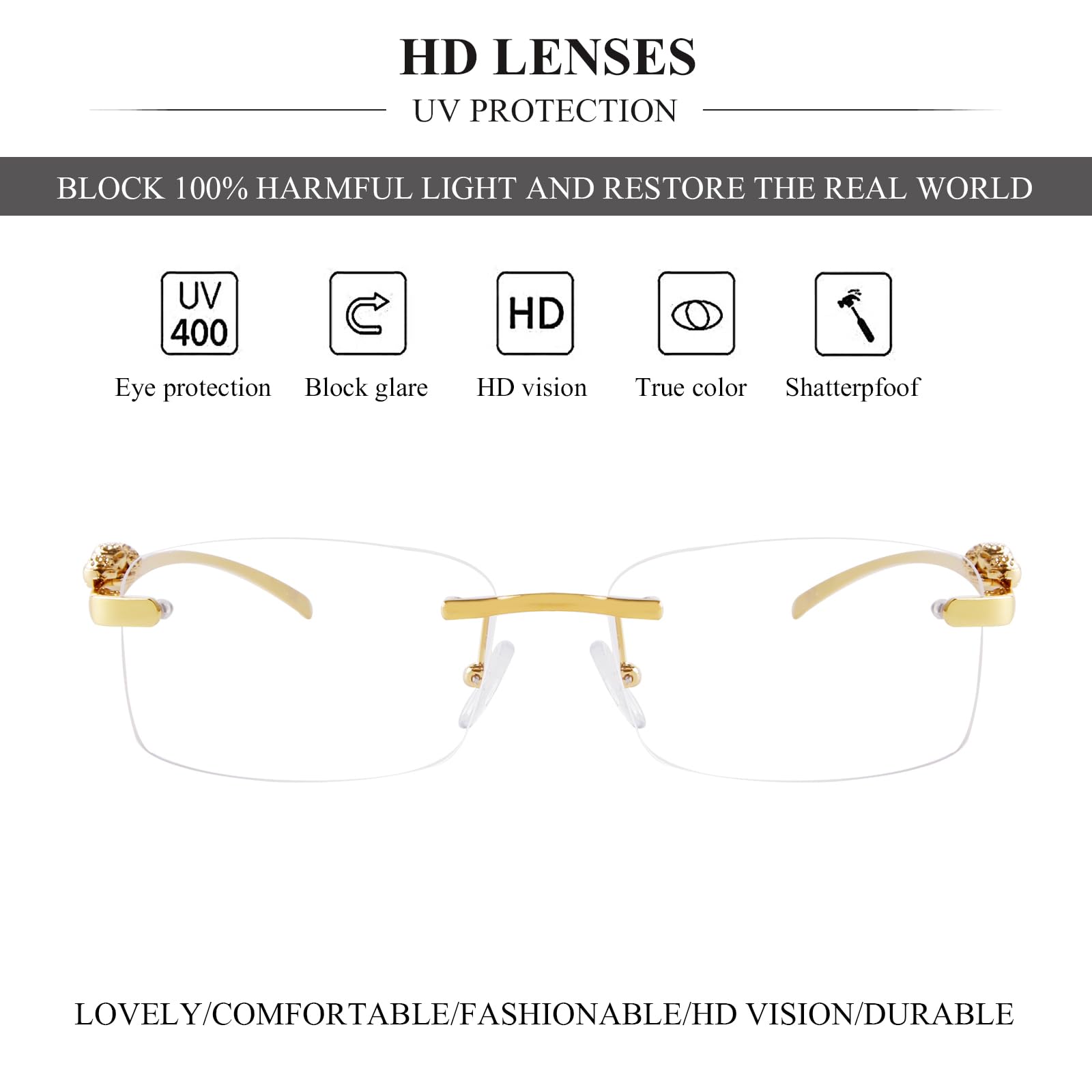 piscm Vintage Rimless Rectangle Sunglasses for Women Men,Trendy Gold Metal Frameless Square Sun Glasses Transparent Eyewear(Gold/Clear)