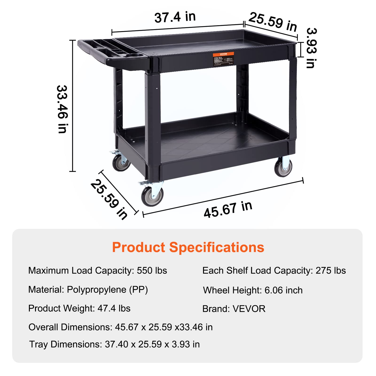 VEVOR Utility Service Cart, 2 Shelf 550LBS Heavy Duty Plastic Rolling Utility Cart with 360° Swivel Wheels (2 with Brakes), Large Lipped Shelf, Ergonomic Storage Handle for Warehouse/Garage/Cleaning