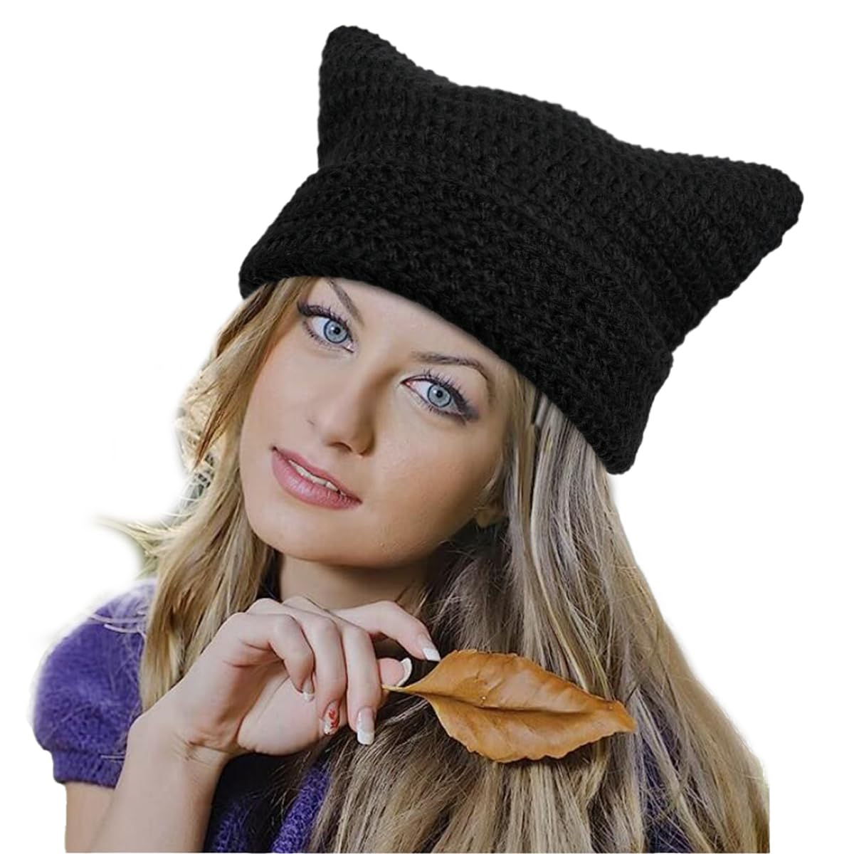 Women Beanie Warm Winter Hats, Soft Knit Lazy Beanie for Women, Women Cat Beanie，Women Fox hat, Slouchy Beanies for Women Black