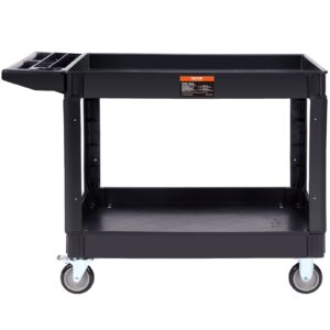 vevor utility service cart, 2 shelf 550lbs heavy duty plastic rolling utility cart with 360° swivel wheels (2 with brakes), large lipped shelf, ergonomic storage handle for warehouse/garage/cleaning