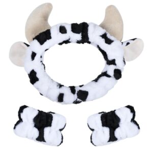 miroksh plush wash face headband cow print spa wrist band cuffs hair scrunchy women girls facial makeup skincare bath head wrap kids costume party supply birthday gift