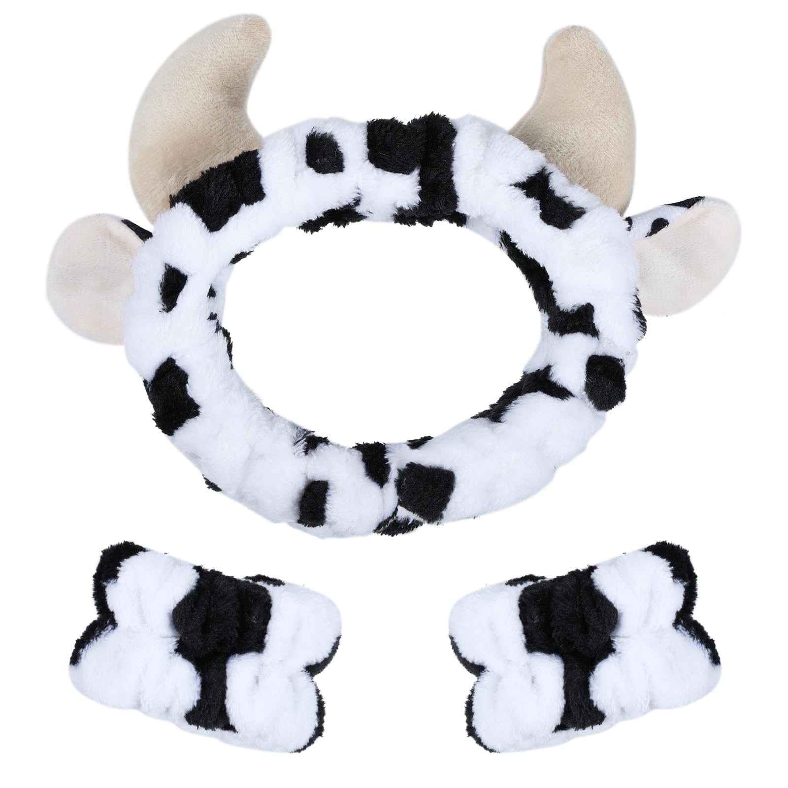 Miroksh Plush Wash Face Headband Cow Print Spa Wrist Band Cuffs Hair Scrunchy Women Girls Facial Makeup Skincare Bath Head Wrap Kids Costume Party Supply Birthday Gift