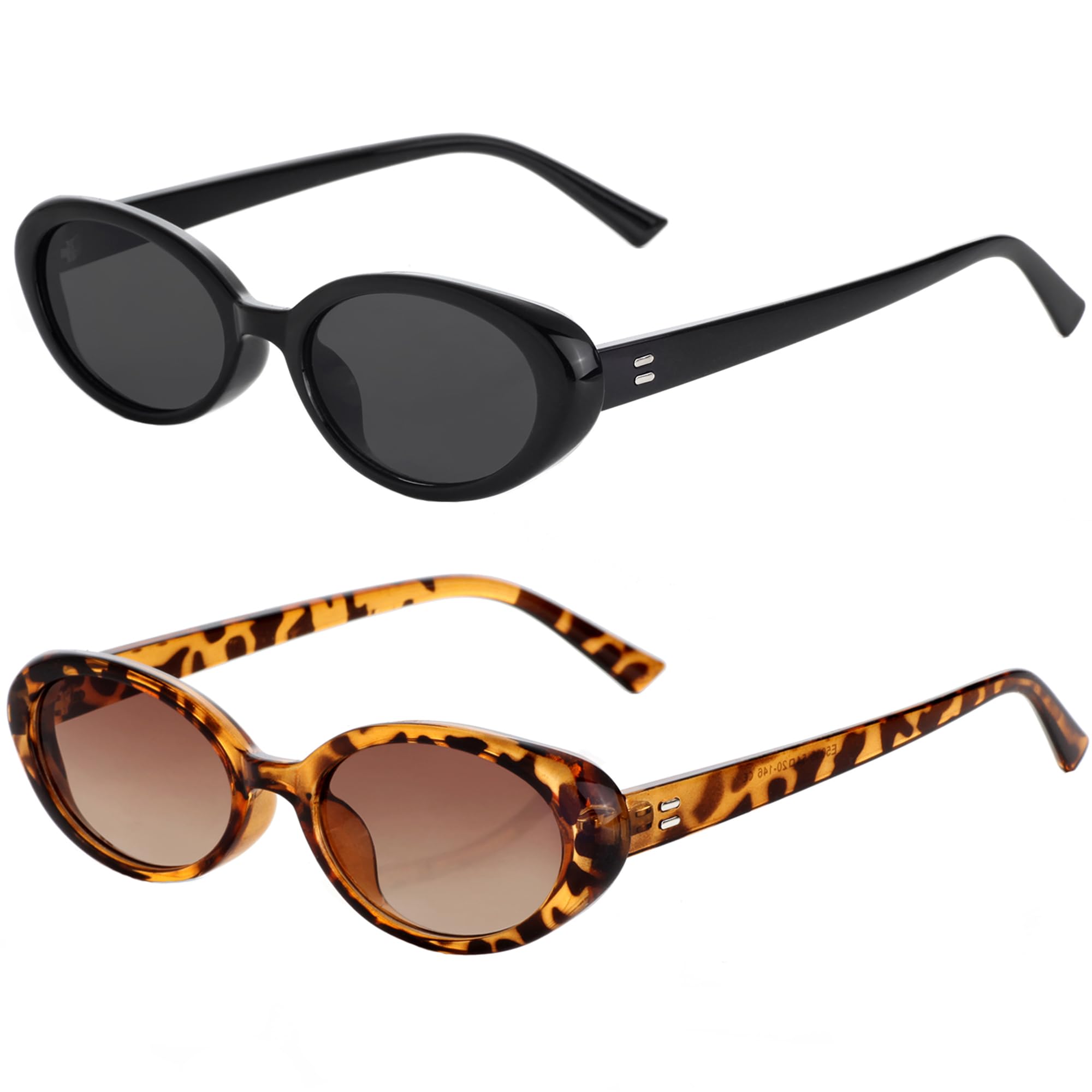 Onrtry Vintage Small Oval Sunglasses for Women Men 90s Sunglasses Narrow Eyeglasses UV400 Protection 2 Pack(Black+Leopard)