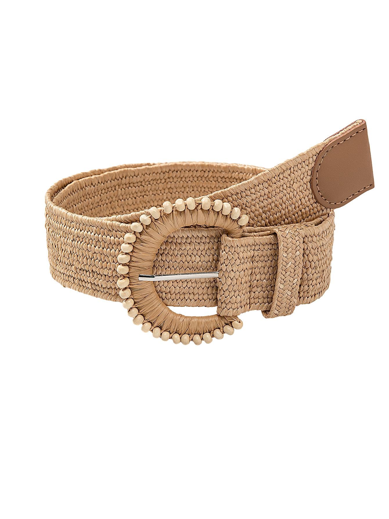 Verdusa Women's Round Buckle Straw Belts Boho Braided Waist Belt Khaki 100