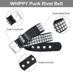 WHIPPY Women Men Rivet Studded Belt Row Pyramid Square Bead PU Faux Leather Punk Rock Grommet Belt for Jeans,Silver Black,XXL