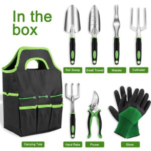 Garden Tool Set with Non Slip Rubber Grip,8 Piece Stainless Steel Gardening Tool Sets,Heavy Duty Outdoor Hand Tools Durable Storage Tote Bag,Uprooting Weeding Tool, Gifts for Women Men Green