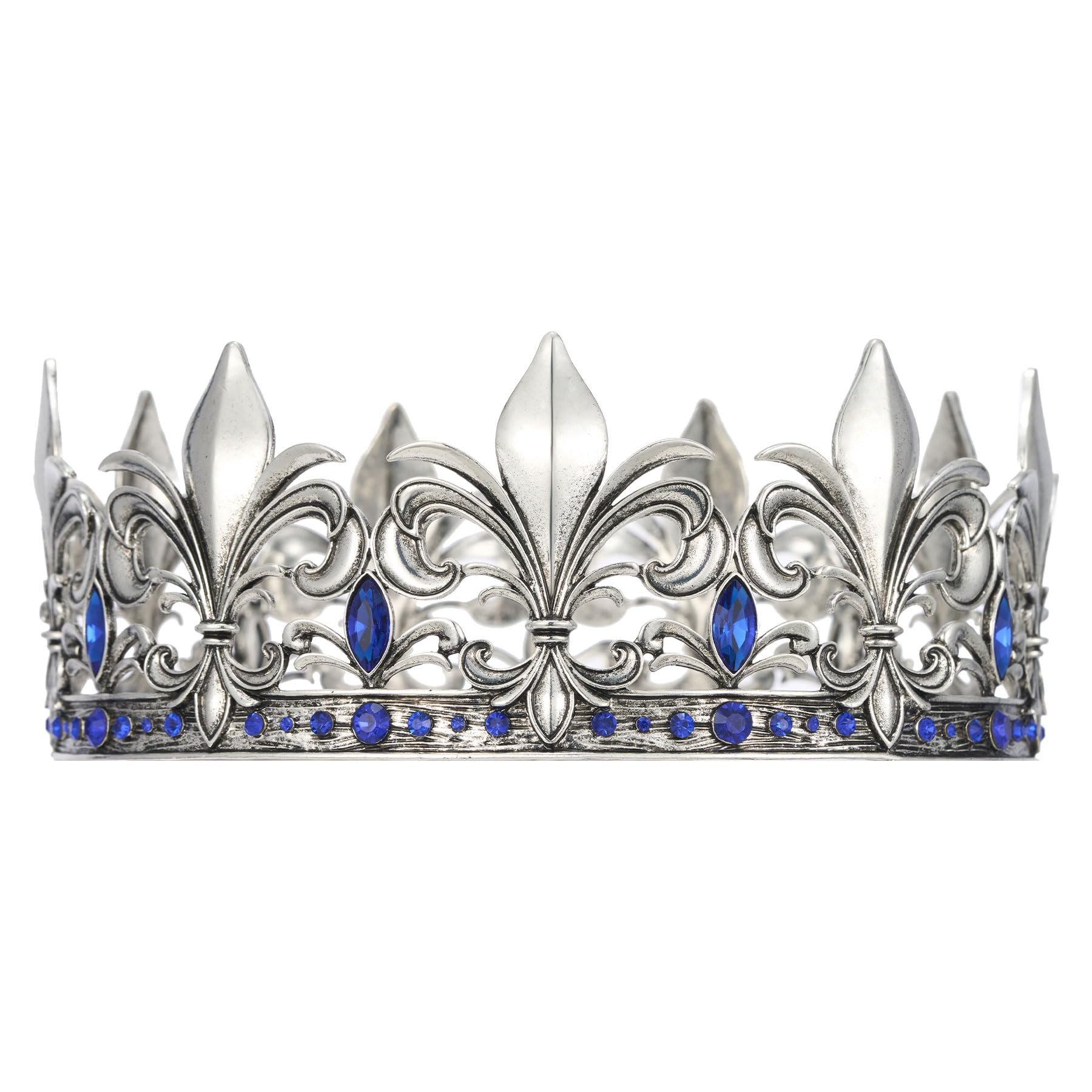 SWEETV Antique Silver King Crown for Men/Women (Unisex), Men's Tiara Prince Diadem, Crystal Medieval Headwear, Royal Costume Hair Accessories for Cosplay Birthday Wedding Halloween, Blue